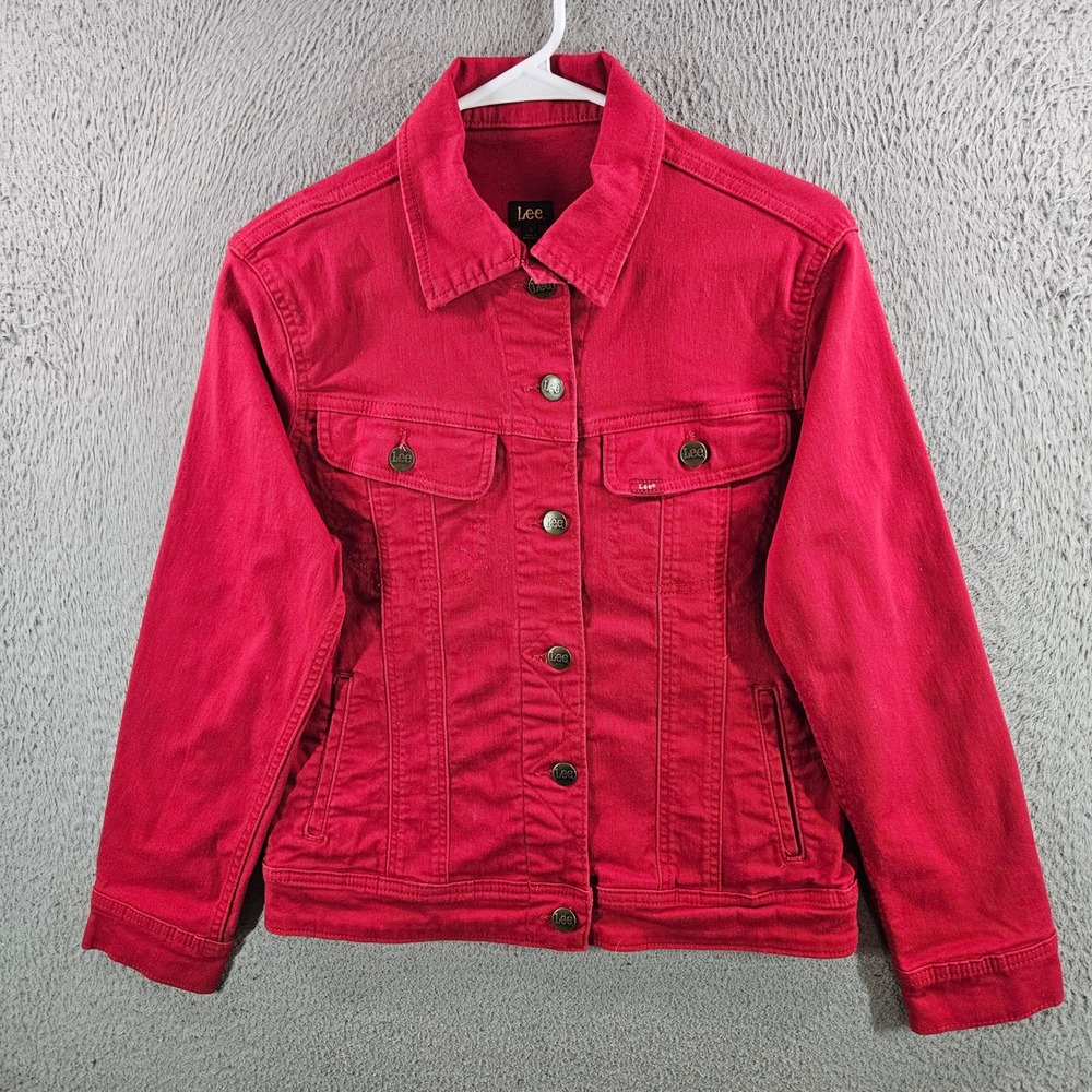 Lee Womens Red Denim Trucker Jacket Stretch Cotton Size S